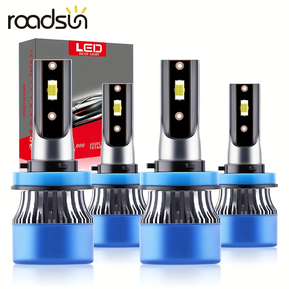 roadsun 4pcs Car Headlights Combo H11 High&Low Beam Lamps 26000LM/pair 6500K White LED 60000hrs Lifespan 200 M Visible Range