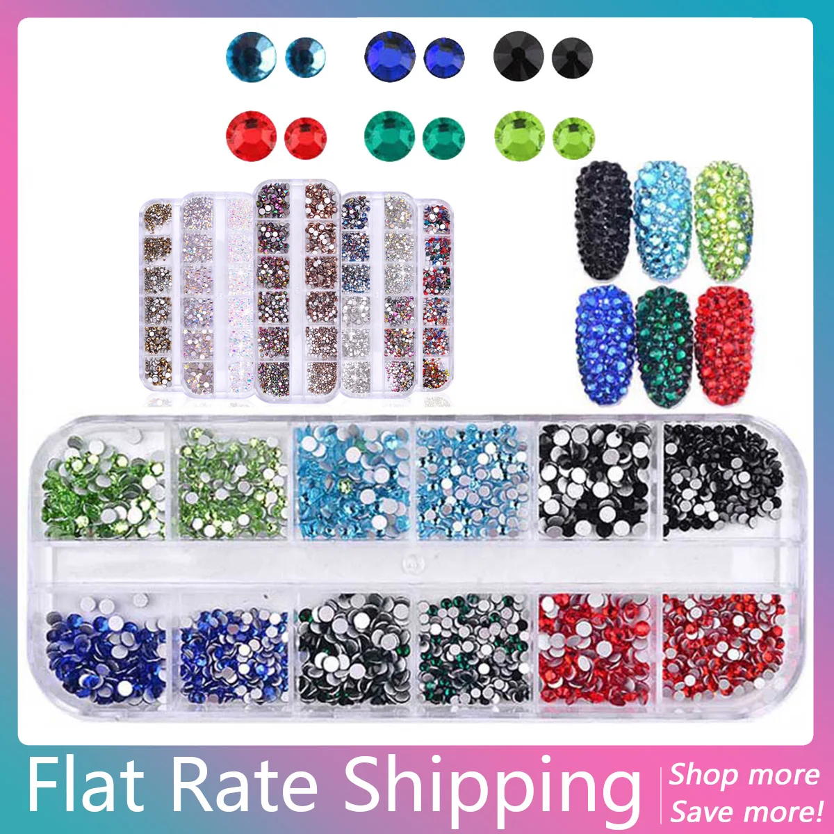 

Flat Rate Shipping 1 Box Multi Size Glass Nail Rhinestone Mixed Colors Flat AB Crystal Strass 3D Charm Gems Nail Art Decorations