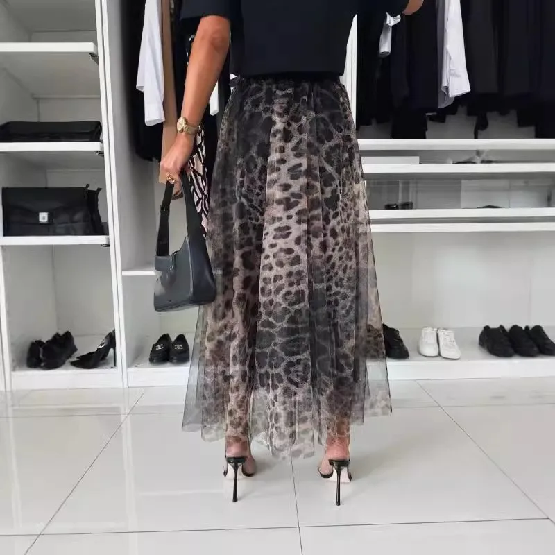 Women\'s Leopard Print Skirt With Elastic Waist And Large Swing Mesh Sexy Autumn And Winter Versatile New Ladies\'s Skirt 2024