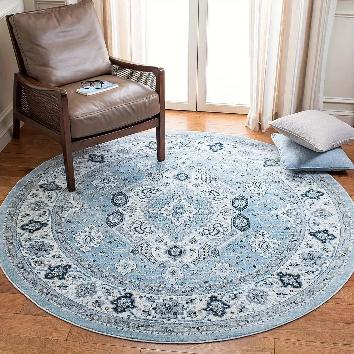 

Crystal velvet carpetFrench Retro Floral Area Mat - Non-Slip Lightweight Floor Mat with Vintage Light Blue & White Floral Patter