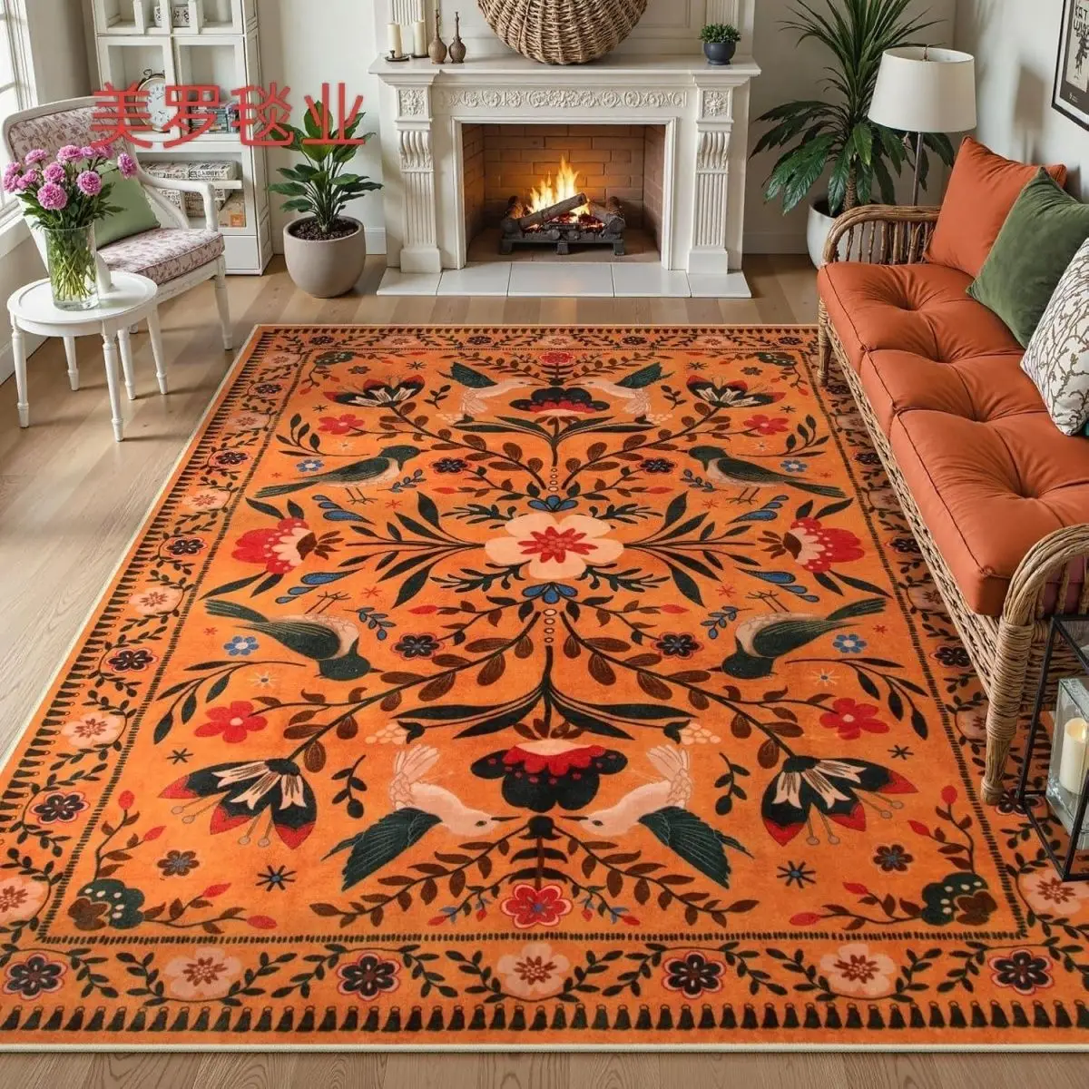 Plant Flower Pattern Living Room Carpet Retro American Decoration Sofa Coffee Tables Washable Rug Bathroom Kitchen Non-slip Mat
