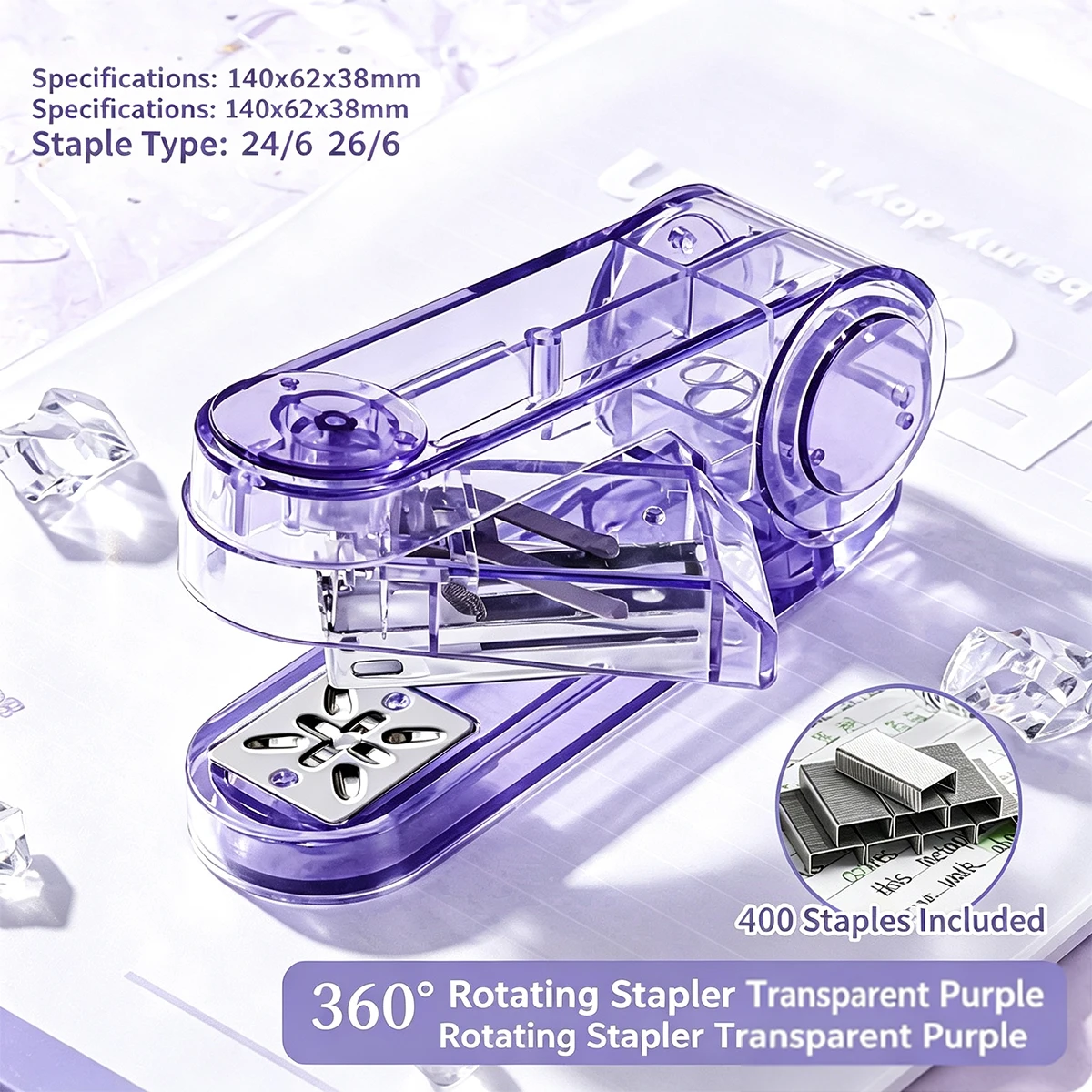 360 Degree Rotatable Stapler, Transparent Desktop Stapler, 25‑Sheet Capacity for School Office Stationery