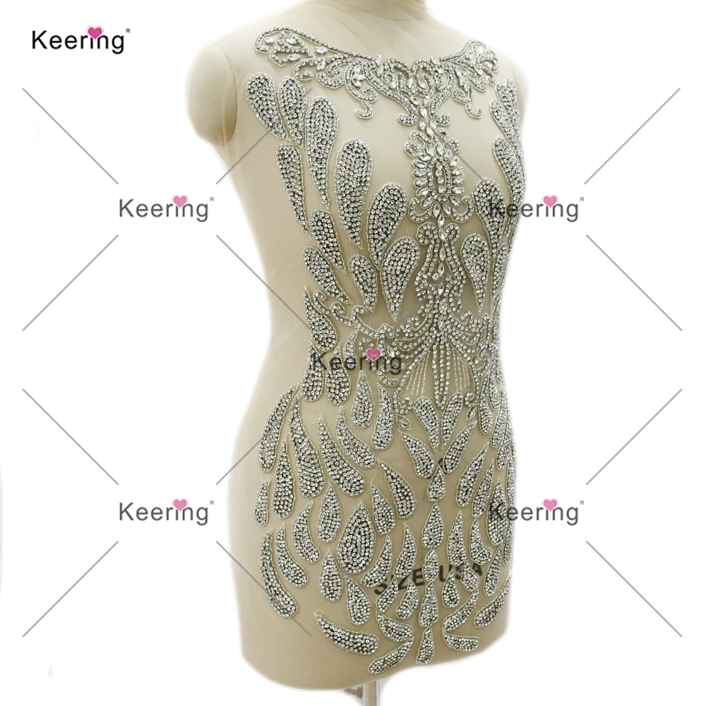 Hand-made Silver Rhinestone Bodice Applique, Jewelry Dress Patch for Wedding Dress, WDP-572