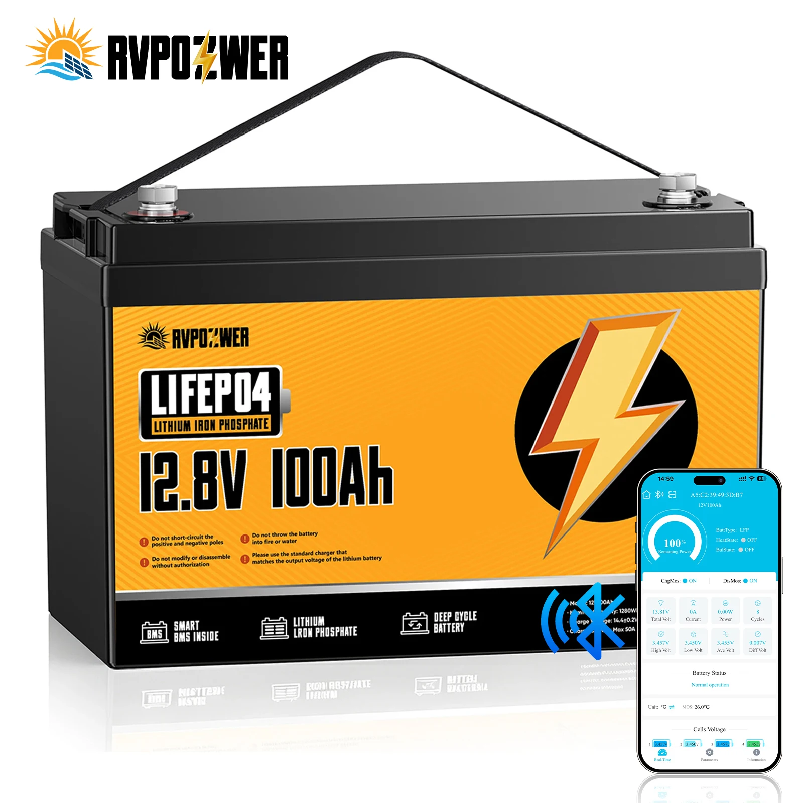 RVPOZWER LiFePO4 Lithium Iron Phosphate Rechargeable Storage Battery With Bluetooth,15000+ Deep Cycles,Low Self-Discharge,Stable Output,For RV,Marine,Trolling Motors,Off-grid Power Supply,12V/100Ah/1280Wh