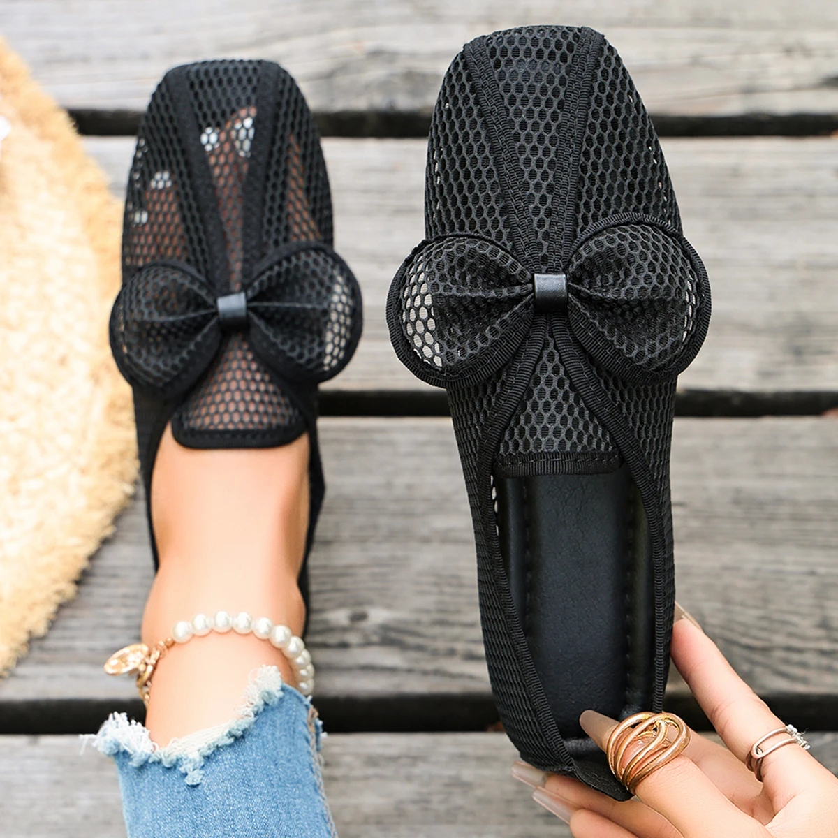 Mesh Hollow Out Bowknot Ballet Flats Shoes Women Spring White Black Breathable Slip On Shallower Shoes Ladies Casual Sandals