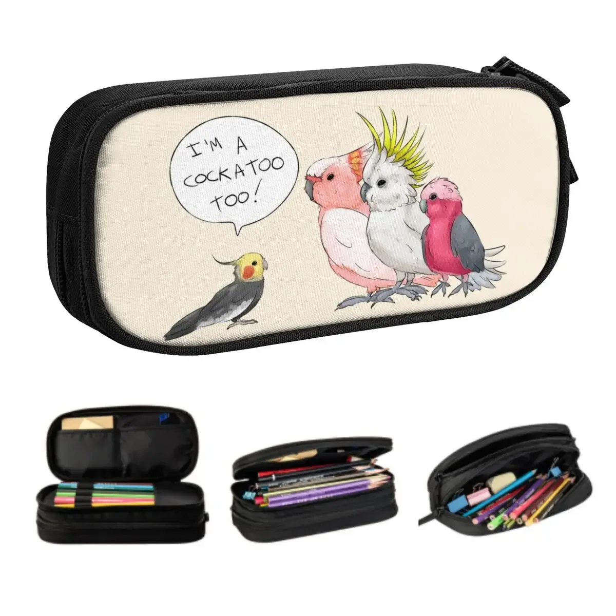 

Custom Funny Cockatoo Cockatiel Kawaii Pencil Cases Girl Boy Large Capacity Parrot Birds Pencil Box School Accessories