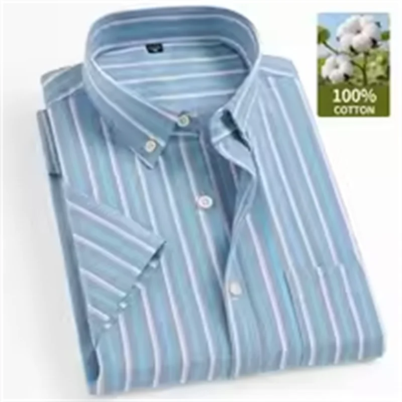 

New 100% Cotton Men's Oxford Shirts Short Sleeve Summer Stripe Casual Formal Dress Social Regular Fit White Fashion Clothes 5XL
