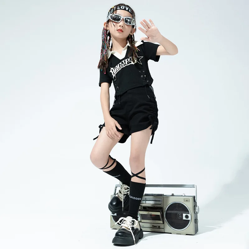Criança hip hop roupas marrom lapela v pescoço colheita topo t camisa rua cordão ruched shorts para meninas trajes de dança jazz roupas