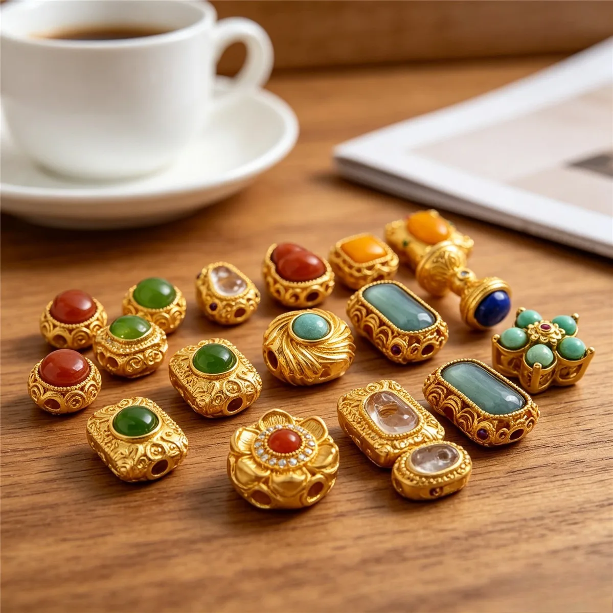 Brass Gold Plated Natural Red Agate Gourd Round Beads Turquoise Plum Blossom Spacer Beads DIY Jewelry Findings