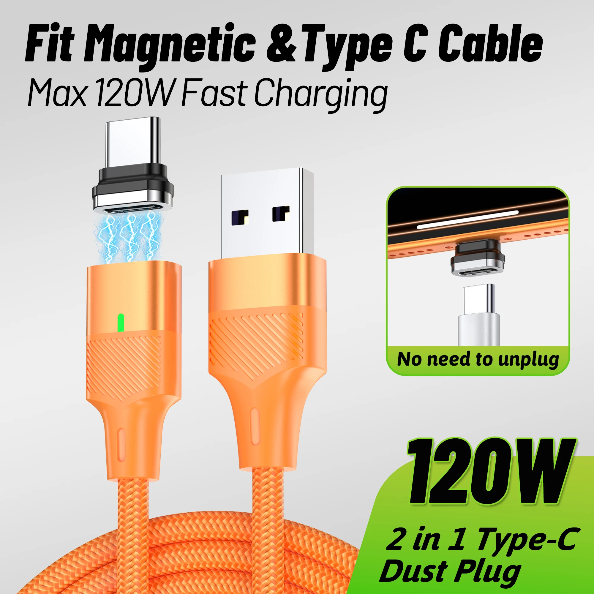 120W 6A Magnetic USB A to Type‑C Fast Charging Cable 2‑in‑1 Dust‑proof Plug Braided Data Cord For Huawei Xiaomi Samsung Android