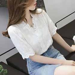 Elegant Summer Short Sleeve Solid Shirt Lace Hollow Out Sweet Loose Fit White Women's V-Neck Blouse Breathable Cotton Tops