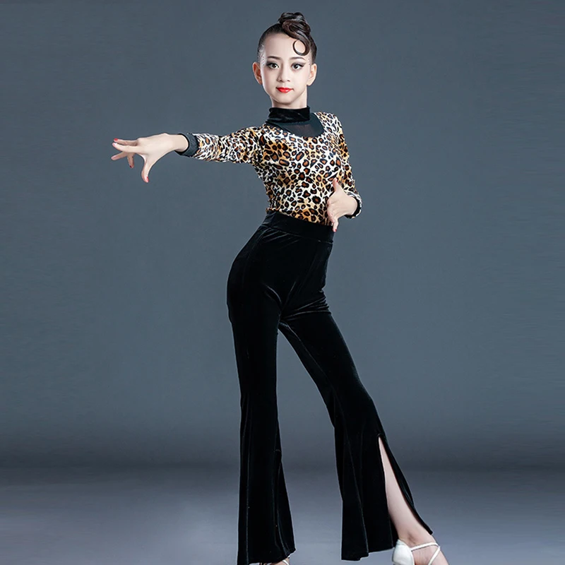 

WinterVelvet Latin Dance Clothes Girls Leopard Long Sleeves Tops Pants Professional Cha Cha Rumba Ballroom Dance Wear BL13993