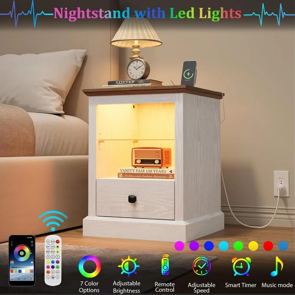 LED Lighted Charging Station Nightstand Set of 2, Modern End Tables with Adjustable Shelves, Storage Drawers, White Finish