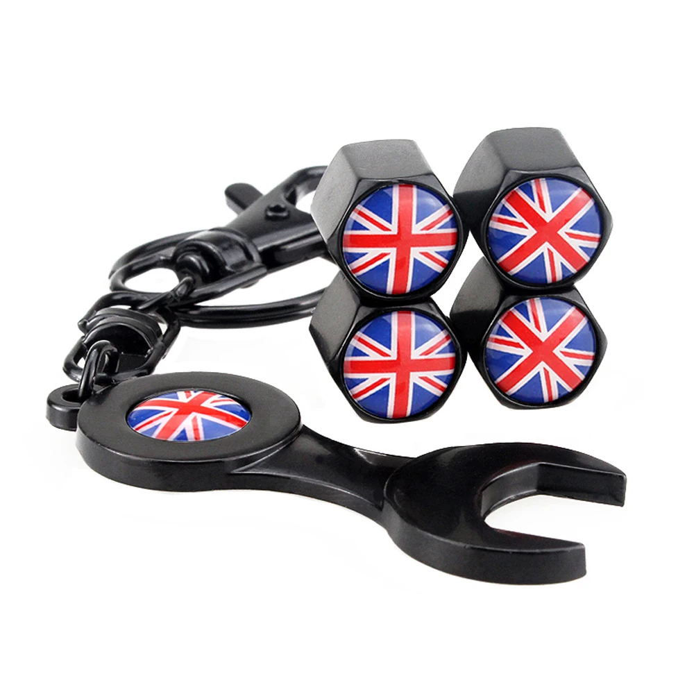 Car Tire Valve Stems Caps Wheel With Mini Wrench Keychain For Union Jack Logo For BMW Benz Ford Fiesta Peugeot 308 Audi A3 RS4