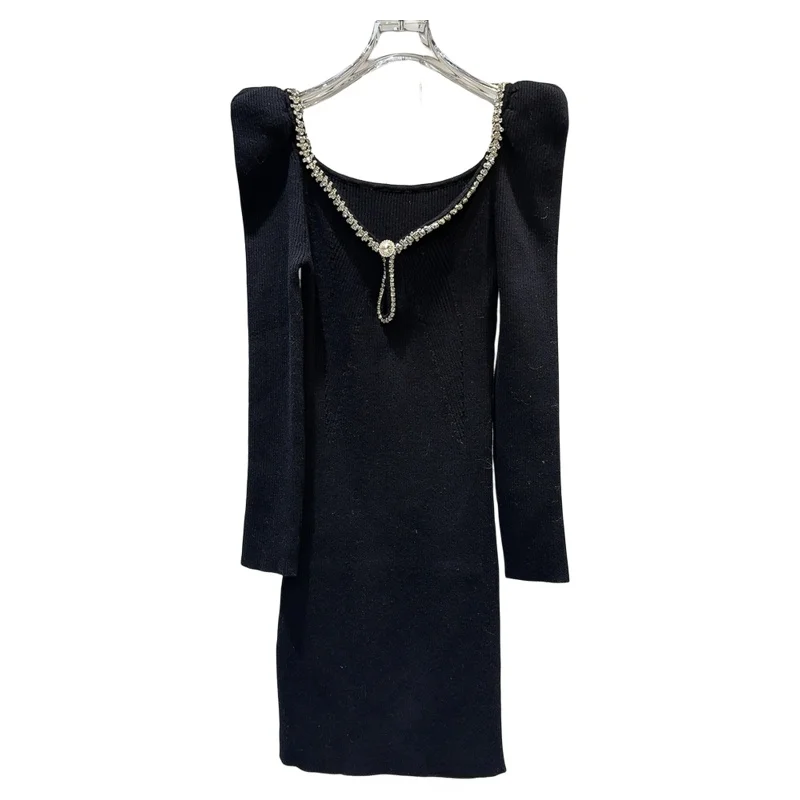   겨울 니트 여성용 롱 스웨이드 다이아몬드 칼라 버블 숄더 하이웨이스트 A라인 드레스 파티 및 이브닝용