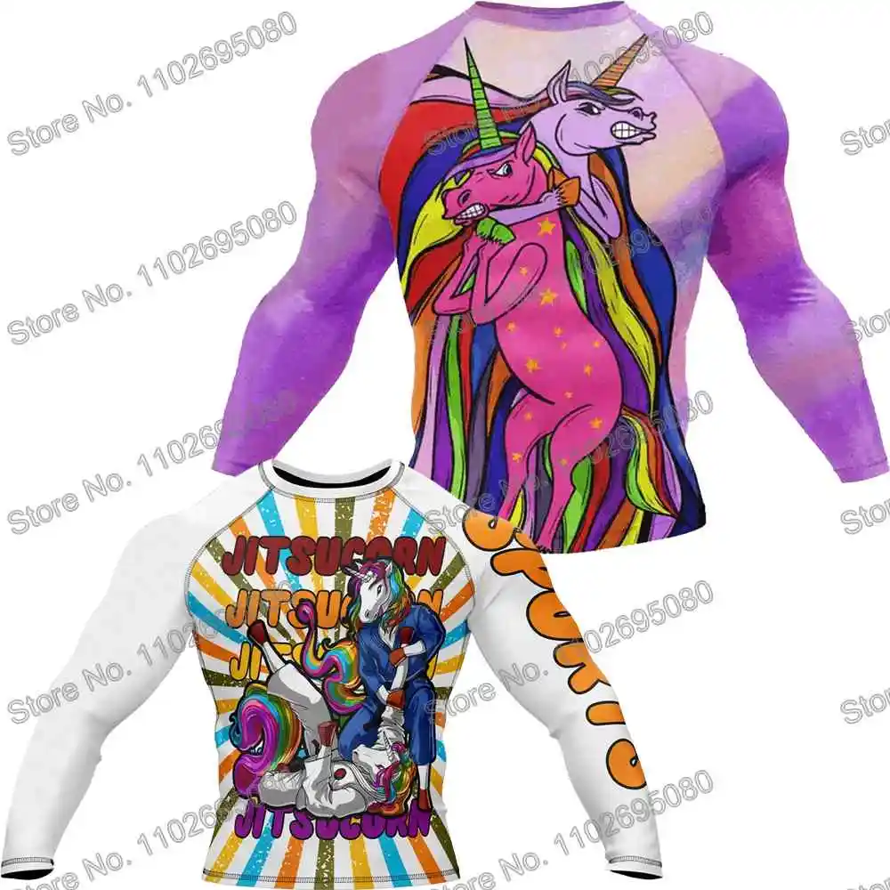 Unicorn Diving T-Shirt Tight Long Sleeve Rash Guard BJJ MMA Swimwear Men Surf Clothing Beach Floatsuit Women GYM Tops