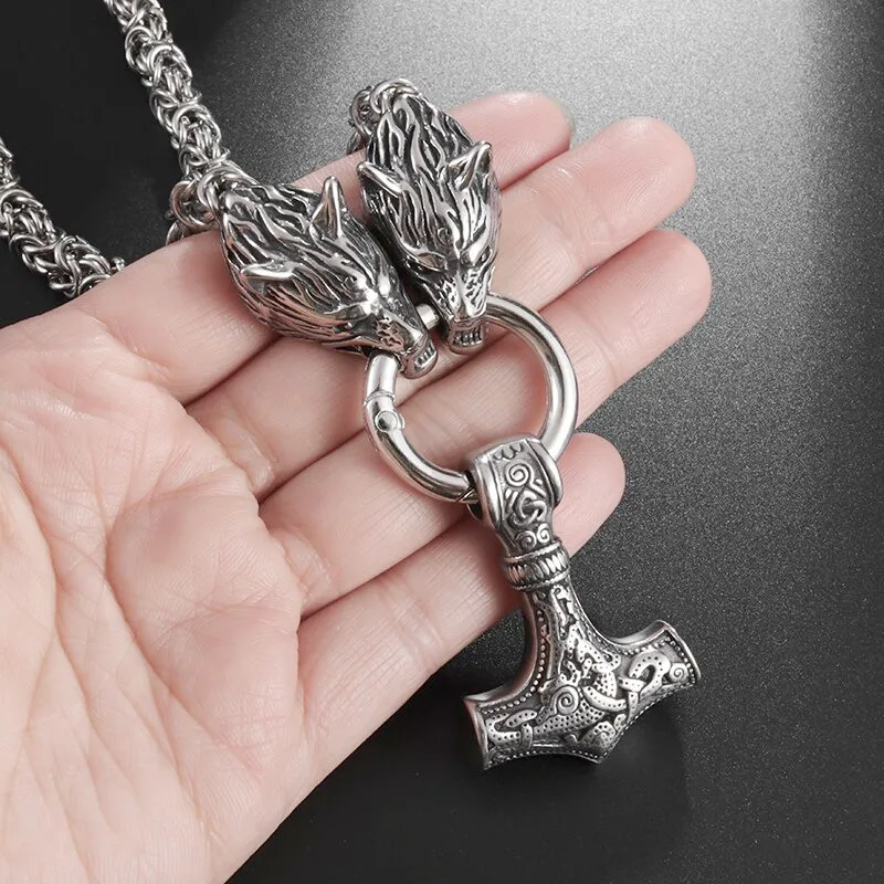 High Quality Vintage Nordic  Necklace Double Wolf Head Thor\'s Hammer Pendant Necklace Men Stainless Steel Jewelry Gift