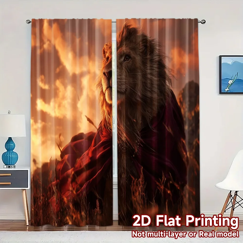2pcs, 2D FLAT PRINTING Curtains (Without Rod) Fiery Lion Majesty Chic Curtains&Window Treatment Polyester Easy Install Curtains