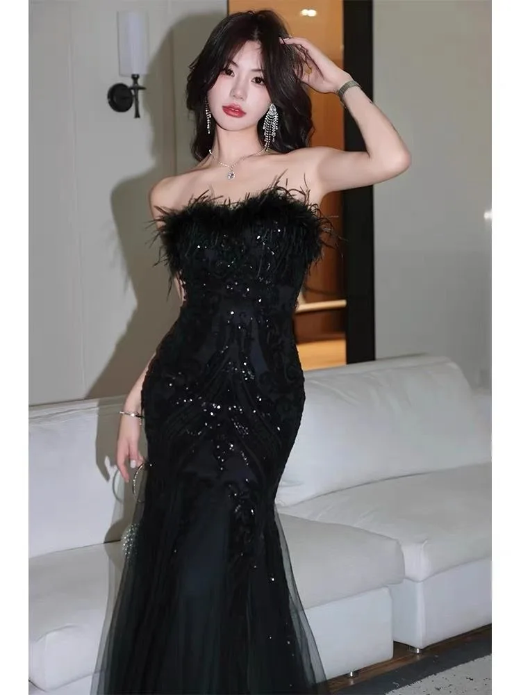 Slimming evening dress 158 for women 2024 new black high-end luxury niche high-end adult ceremony art examinee day dress