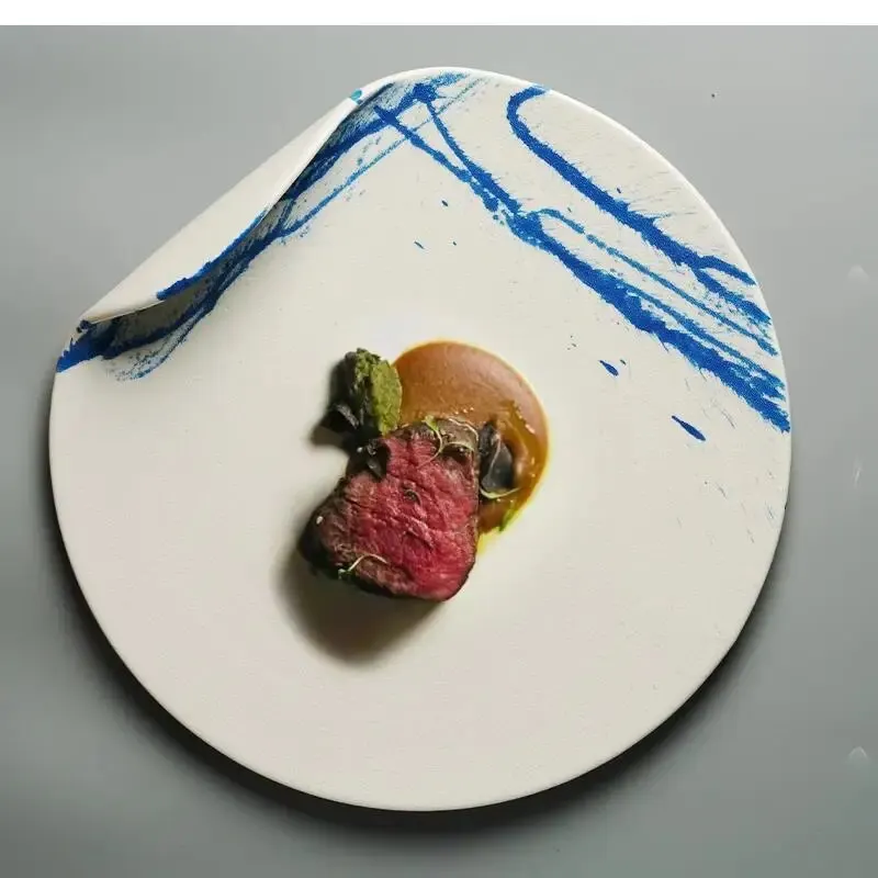 Alien Dinner Set Plates and Dishes Ceramic Plate Ink Roll Corner Flat White Frosted Texture Western Dessert