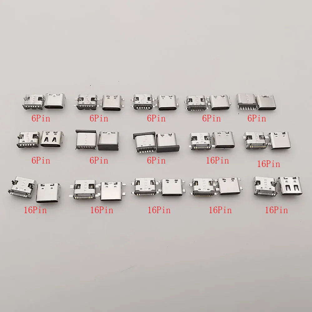 1Box Type-C USB Charging Dock Connectors 6 Pin 16 Pin USB-C Female Jack SMD DIP PCB Soldering DIY Repair Type C Socket Adapter
