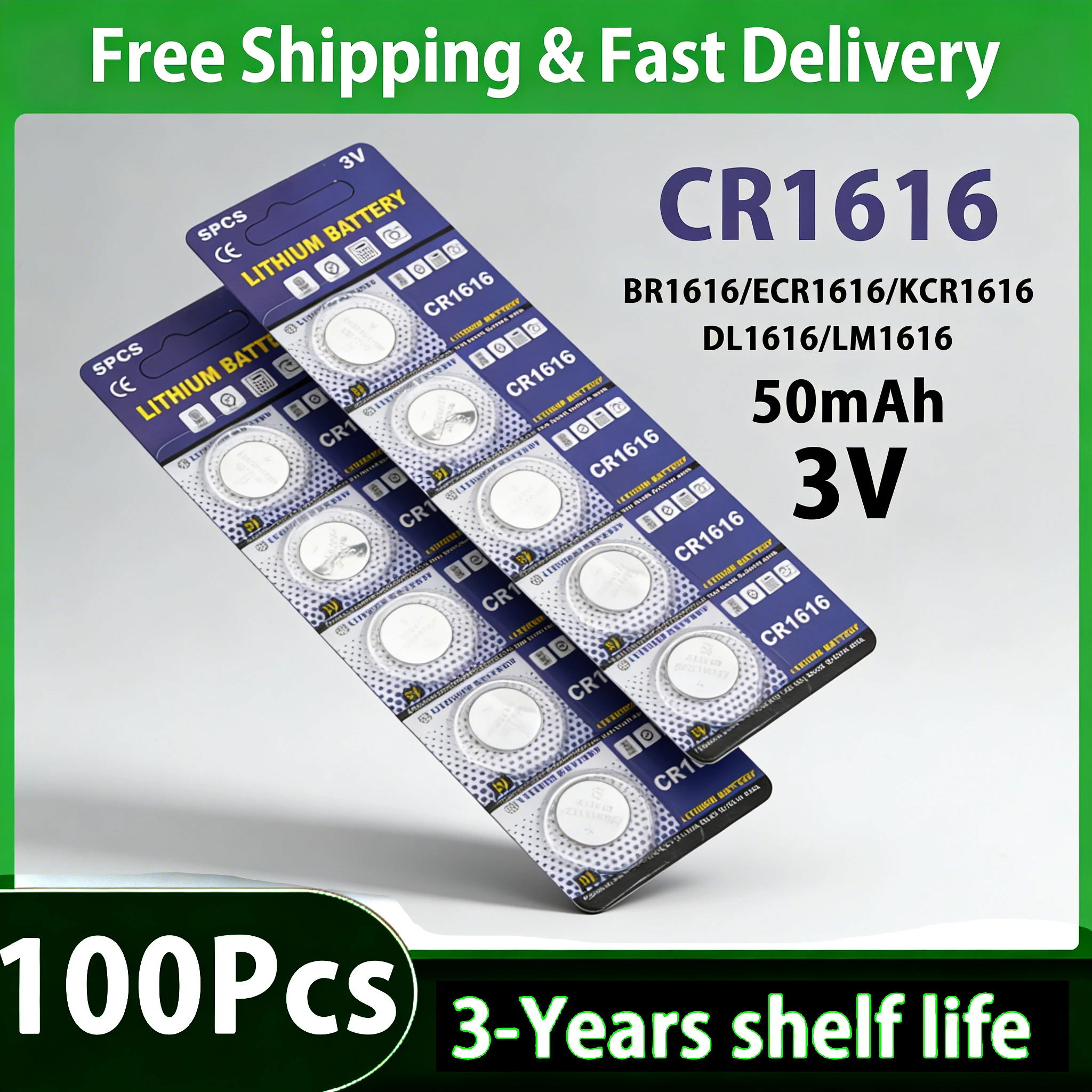 

5-100pcs CR1616 3V Lithium Battery 50mAh DL1616 BR1616 ECR1616 Button Cell Batteries for Car Key Remote Watch