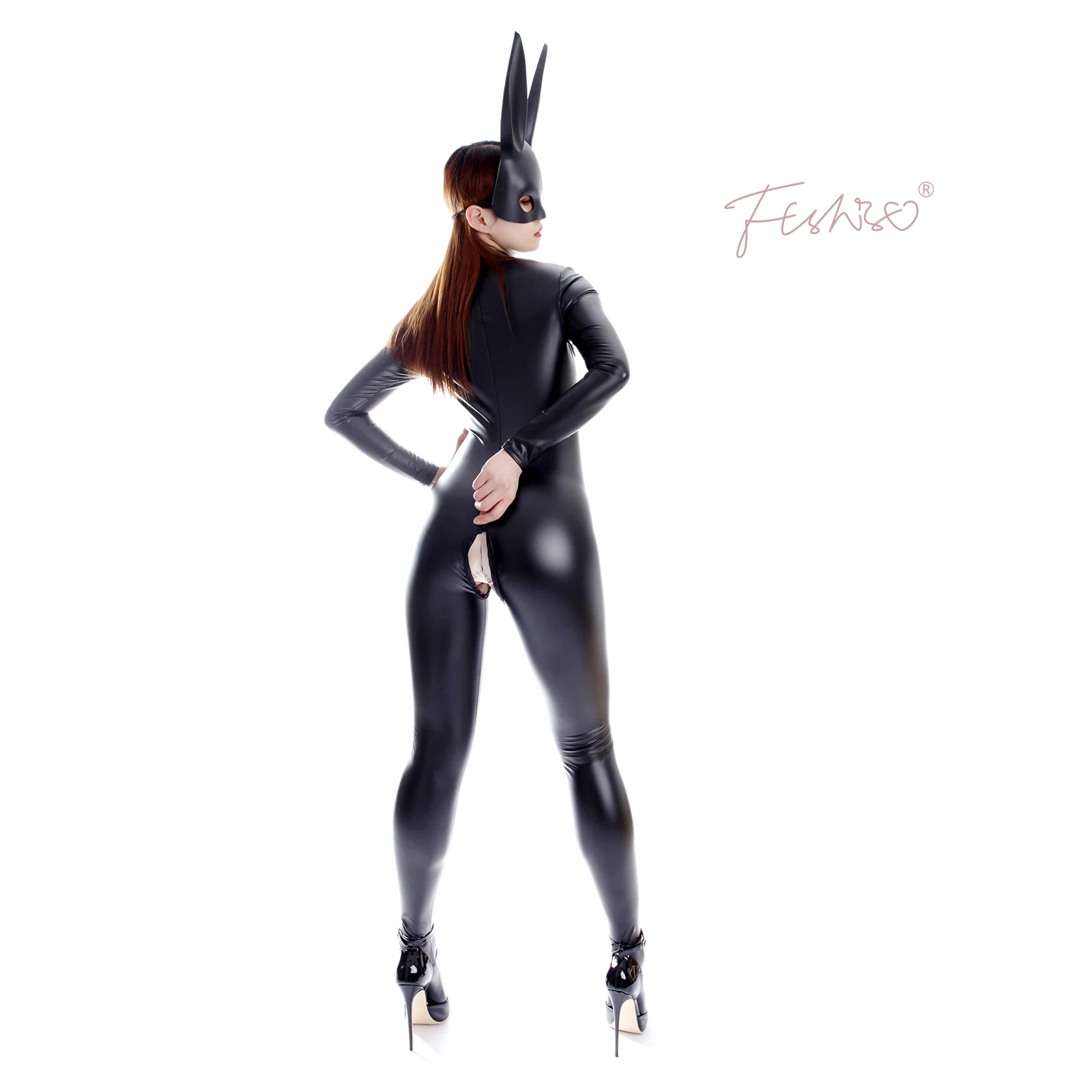 Ftshist Wet Look Catsuit Matte Black PVC Zentai Faux Leather Open Crotch Zipper Fullbody Long Sleeve Stretch Jumpuits Party Wear