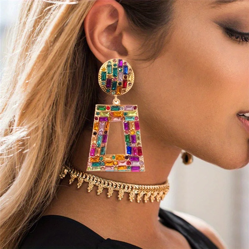 1 Pair of Creative Retro Colorful Geometric Square Fashion Earrings, Women's Earrings, Faux Sparkling Rhinestone Jewelry, Banquet Parties, Christmas, Valentine's Day, Gifts, Girls' Must-have Jewelry