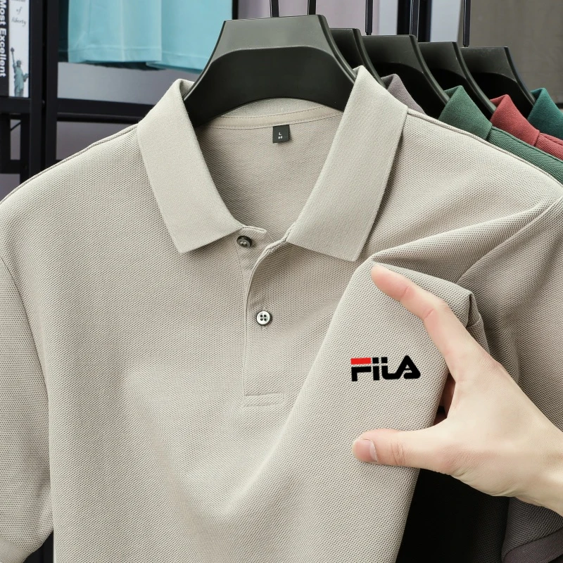 

Men's business-style polo shirt, featuring a collarless design with two buttons on the chest, and available in various colors.