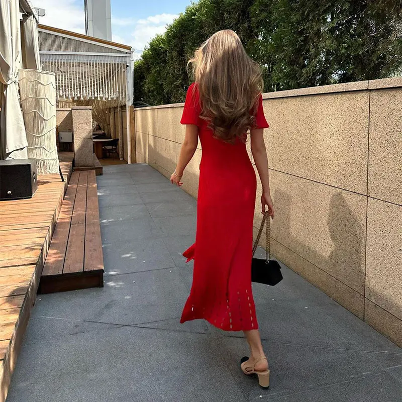 Contrast Single Breasted Knitted Dress For Women Elegant Lapel Short Sleeve Hollow Out Chic Dresses Female Red Black Vestidos