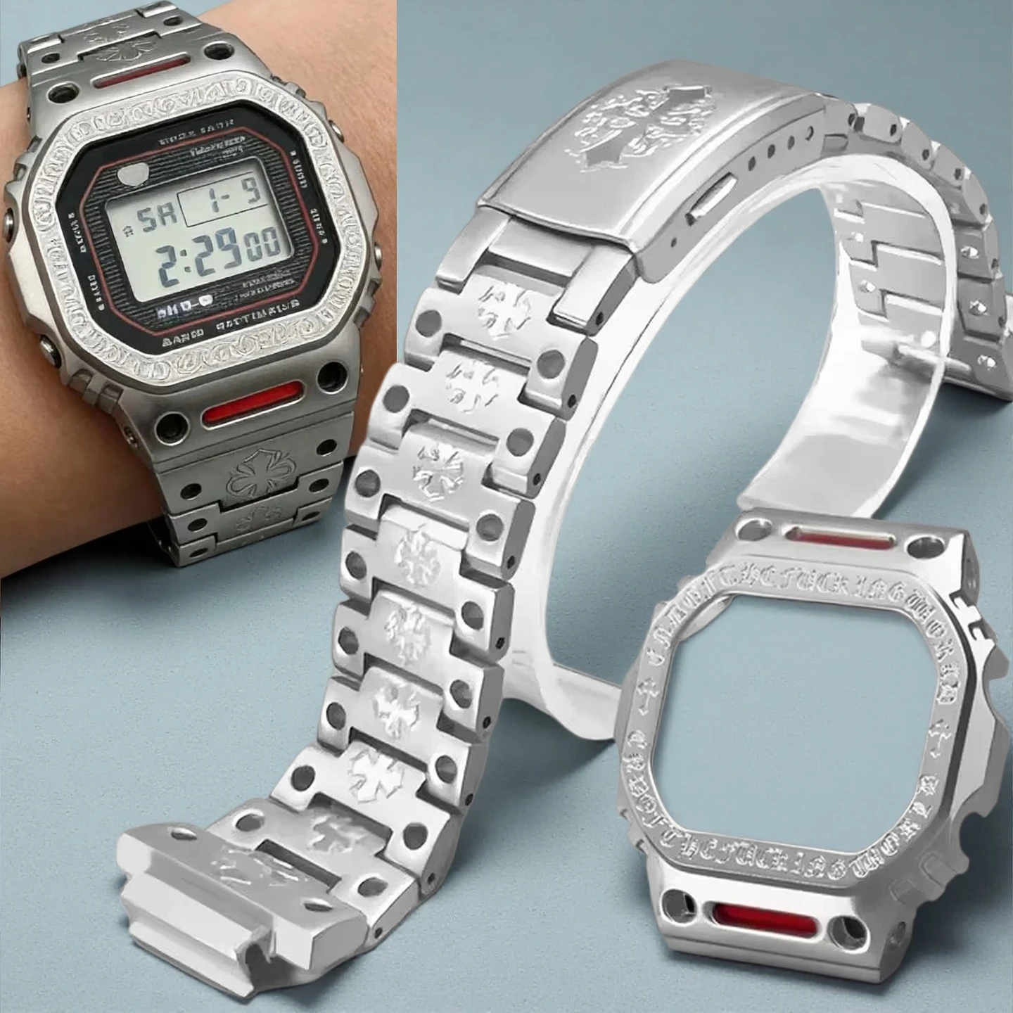 

Комплектующие для часов Casio GWM5610, DW5600, GWB5600: корпус из нержавеющей стали, металлический безель, ремешок, аксессуары MechWarrior.