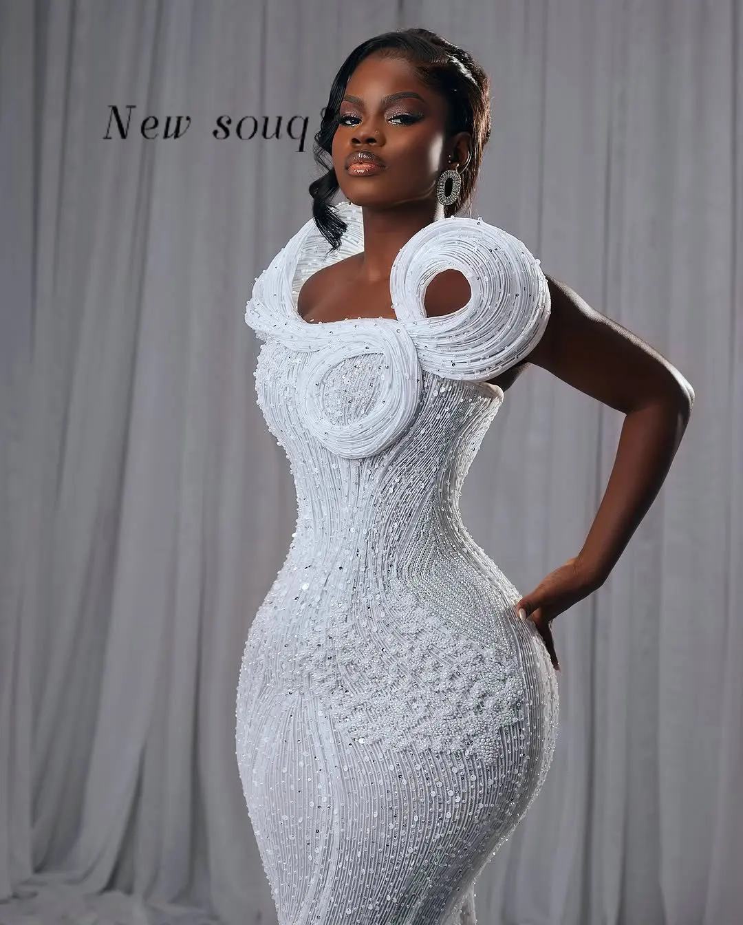 Afrikanische Nigeria Weiße Meerjungfrau Hochzeit Abendkleider Maßgeschneiderte 3D Plissee Verlobung Party Kleider für Schwarze Frauen Plus Größe