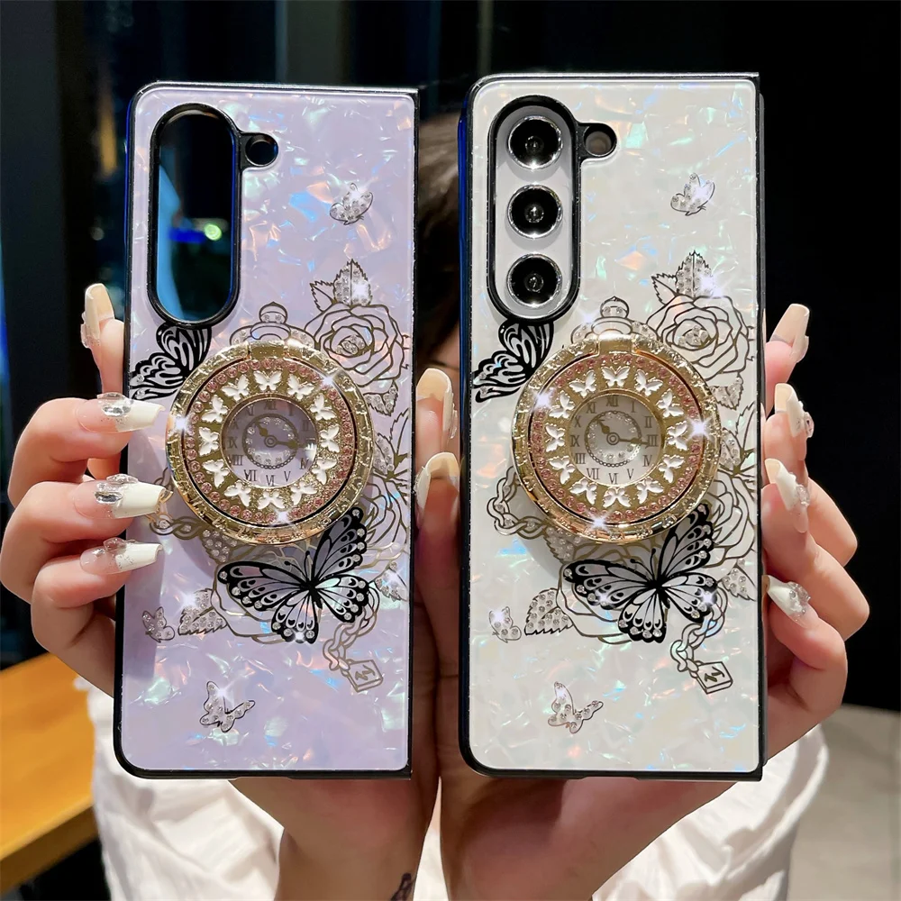 TYBOMB-Butterfly Glitter Metal Ring Case para Samsung Galaxy Z, Fold 5, Z Fold 4, Fold 3, Shockproof Folding Glossy Cover