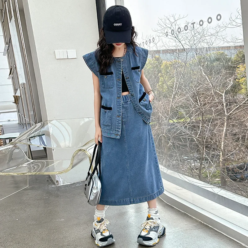 Girls Suits Denim Skirt Set 2024 New Spring Summer Children Blast Street Fashion Vest Children Two-piece Set Clothes Suits