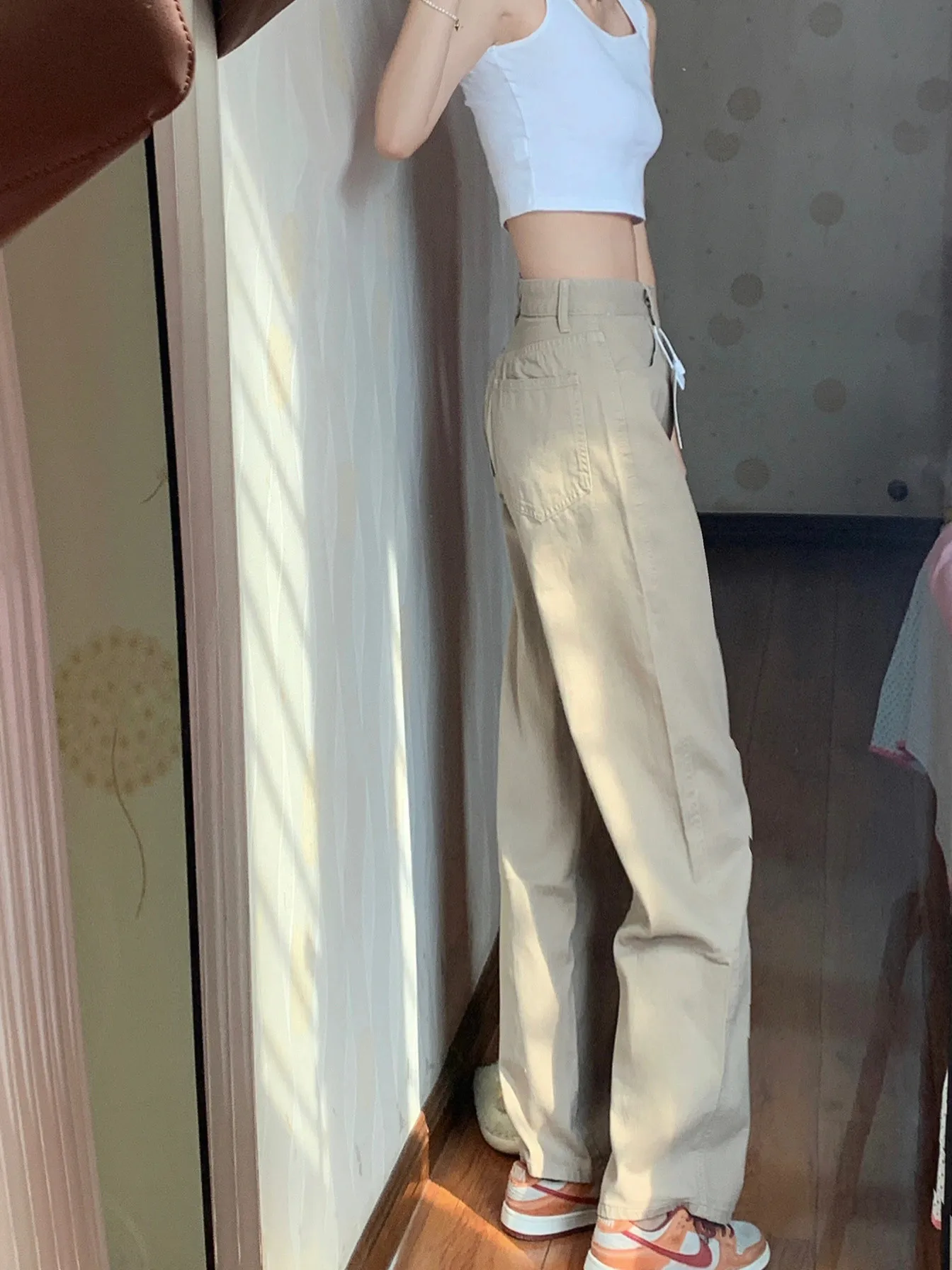 Dżinsy damskie khaki o prostych nogawkach, plus size, dla figury typu gruszka, wyszczuplające, z wysokim stanem, szerokie nogawki, jesienne, modne, plus size.