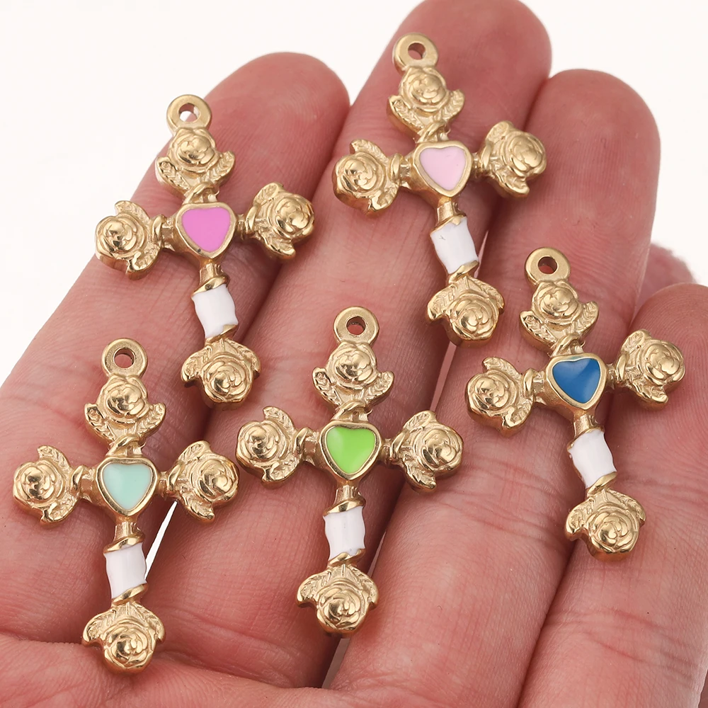 5pcs Gold-Plate Rose Flower Cross Stainless Steel Charms Enamel Crucifix Pendants for Earring Necklace Bracelet Jewelry Making