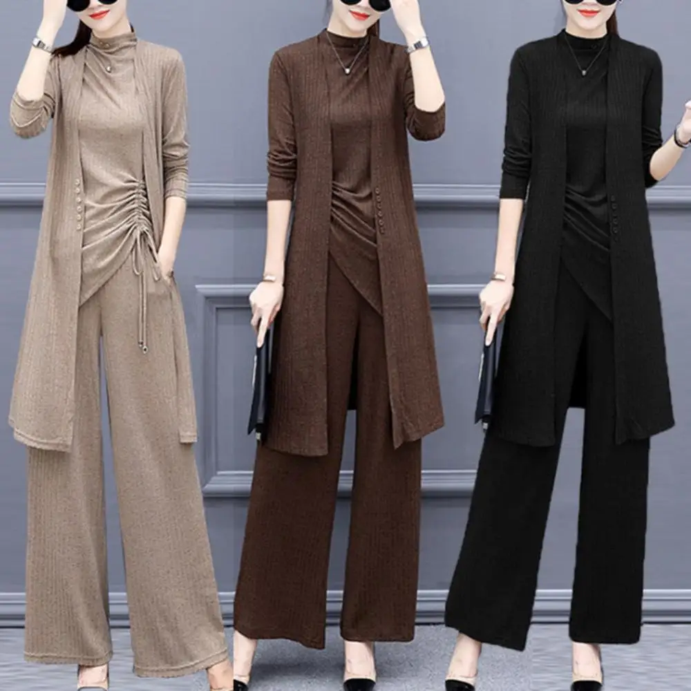 3Pcs/Set Casual Women Suit Solid Color Knit Side Bandage Tanks Top Pants Long Sleeve Cardigan Office Lady Suit Pant Sets