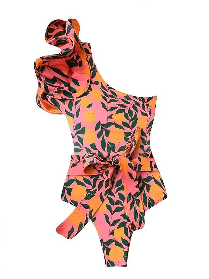 Orange Sexy Women Bikini Leaf Print Deep Three-dimensional Flower Fold Split  Fashion beach Swimsuit And Cover-up 2023 Summer