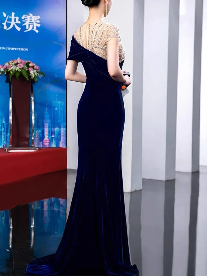 Customized Banquet Host Evening Dress 2024 New Elegant Temperament Trend Prom Dresses Fishtail Sequined Performance Formal Occas