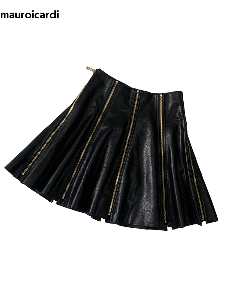 Mauroicardi Autumn Luxury Black Pu Leather Mini Swing Skirt Women with Many Zippers Elegant Chic Short Luxury Designer Clothes