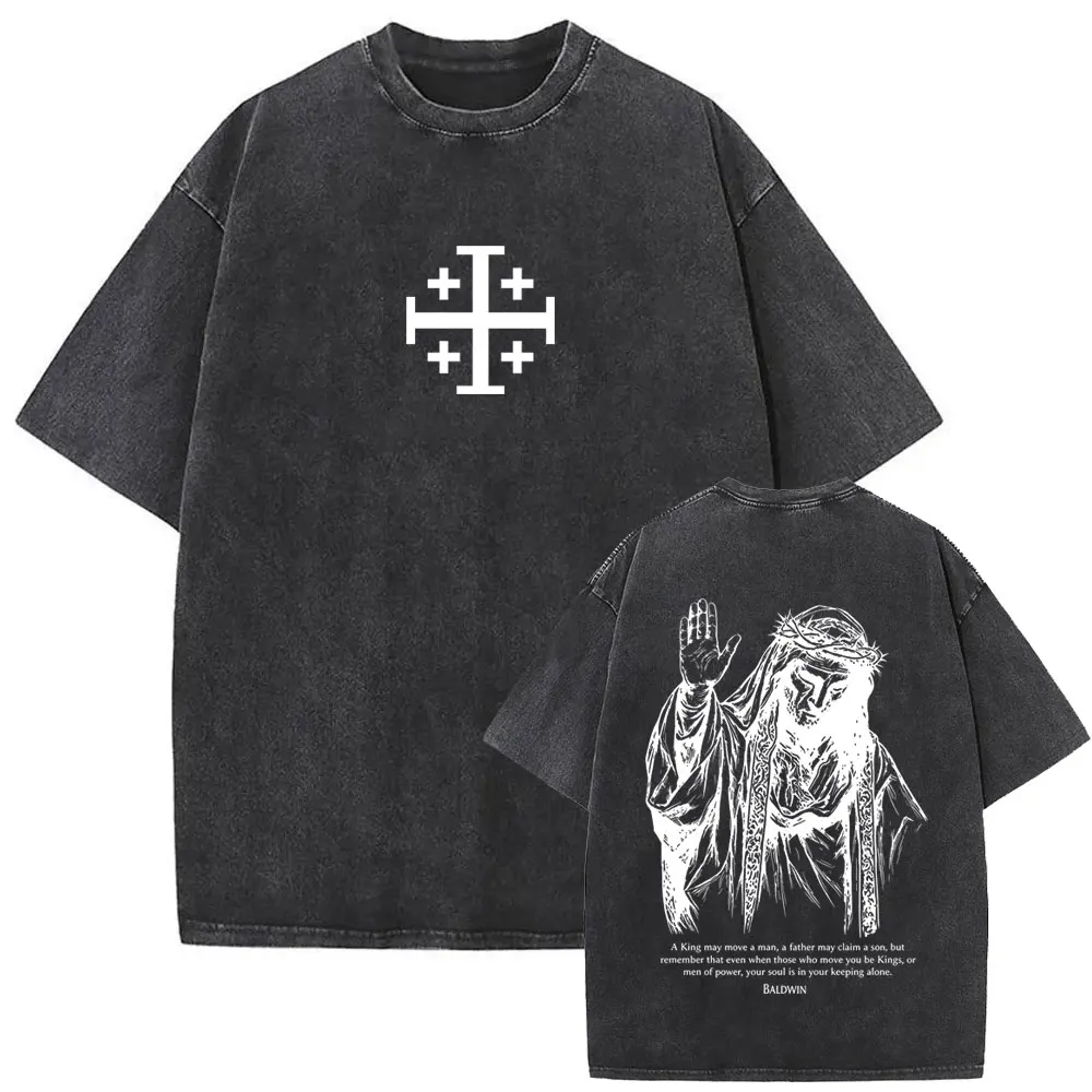 Christian Religious Jesus with Crown of Thorns Vintage Washed T-shirt Men Women Gothic Rock Oversized T Shirts Tops Streetwear