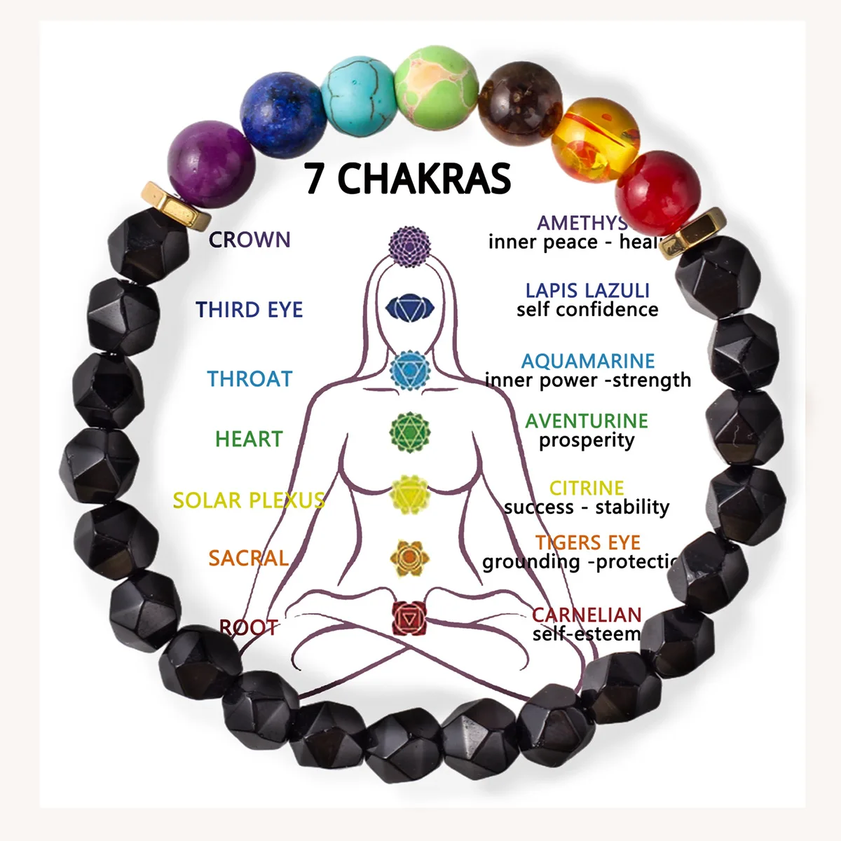 7 Chakra Crystal Natural Quartz Bracelet Health Healing Stone Beads Wrap 7 Chakra Star Cut Faceted Onyx Agate Beads Bracelet