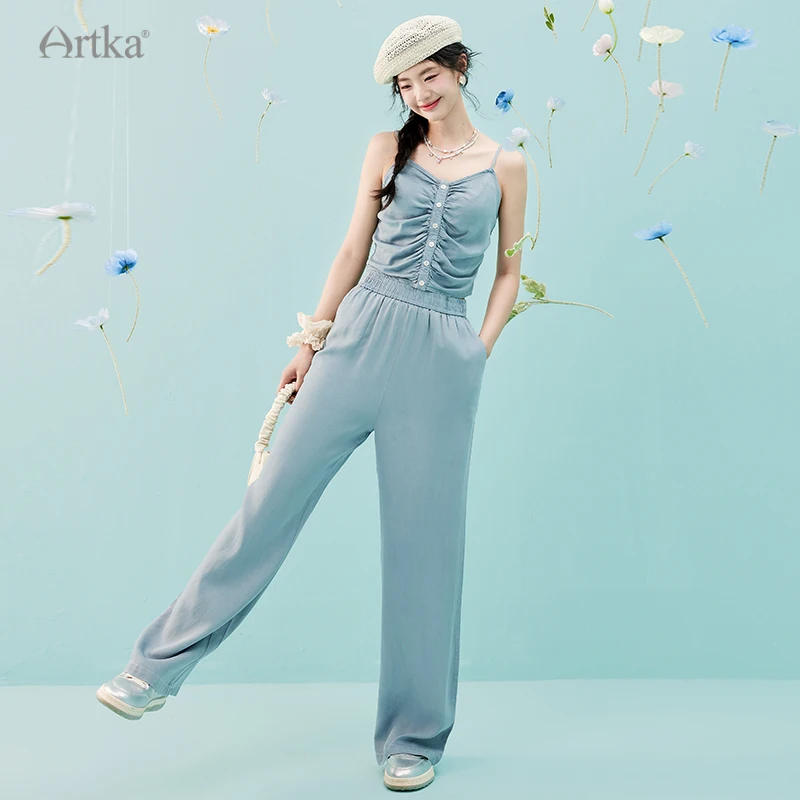 ARTKA 2024 Summer New Women Denim Set Fashion Casual V-Neck Denim Fold Camisole Two-piece Set High Waist Wide Leg Jeans TZ92041X