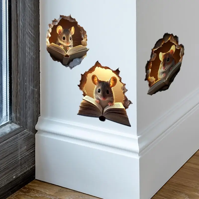 3Pcs Cute Mouse Hole Wall Sticker Living Room Wall Home Decor Bedroom Wallpaper Removable Funny Decor