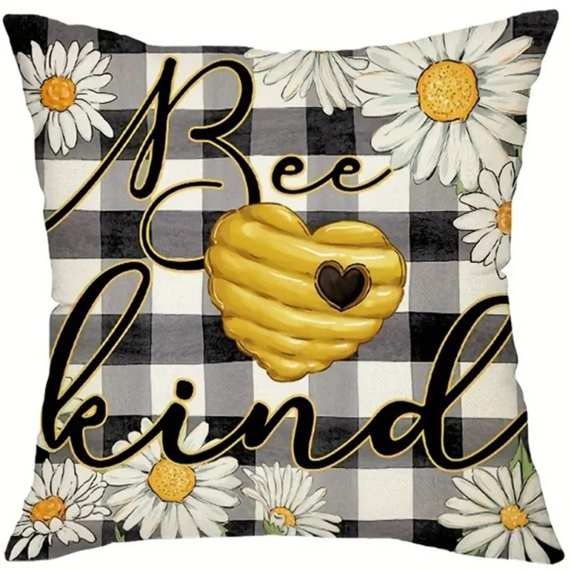 VIKAMA 'Bee Kind' Sweet Gnome Daisy Plaid Cushion Cover Decorative Pillow Case for Living Room Bedroom Spring Home Decor Gift
