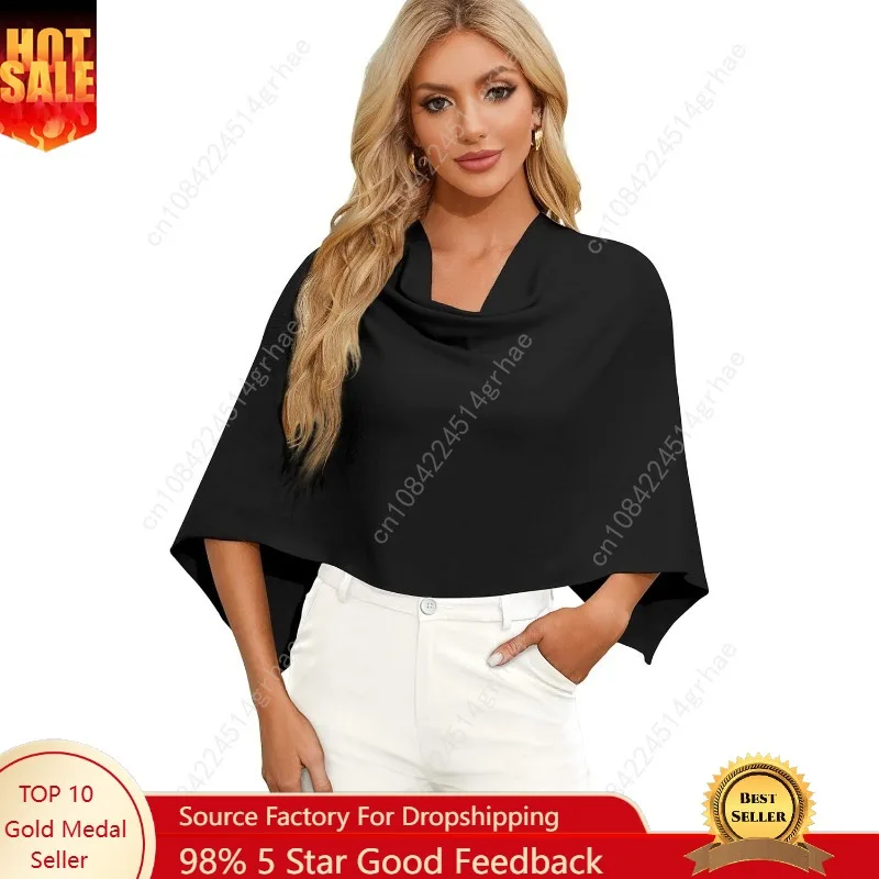

PULI Women Capri Poncho Sweater Slimming Fit Cropped Versatile Shawl Soft Knit Wraps Cowl Neck Short Tops