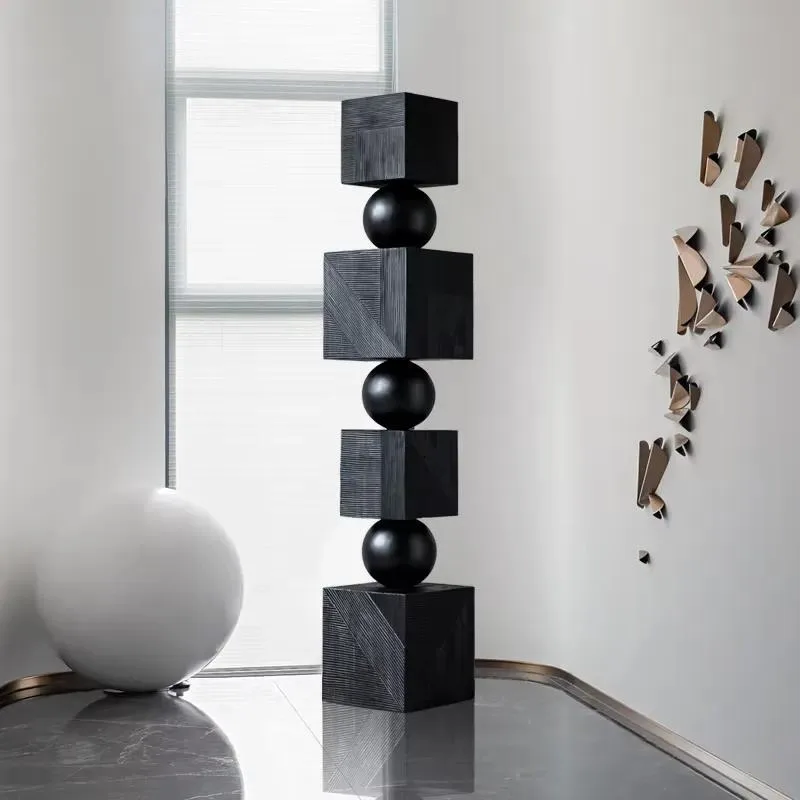 Endless Column Stacked Wood Carved Floor Decoration Creative Geometric Sculpture for Hotel Lobby Sales Office Decor