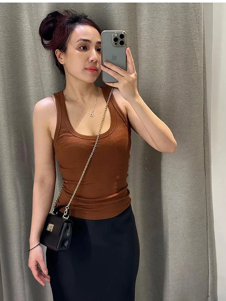 

2025 Spring/Summer New Product Women's Slim Fit Solid Color Suspended Ribbed Tank Top Spicy Girl Style T-shirt