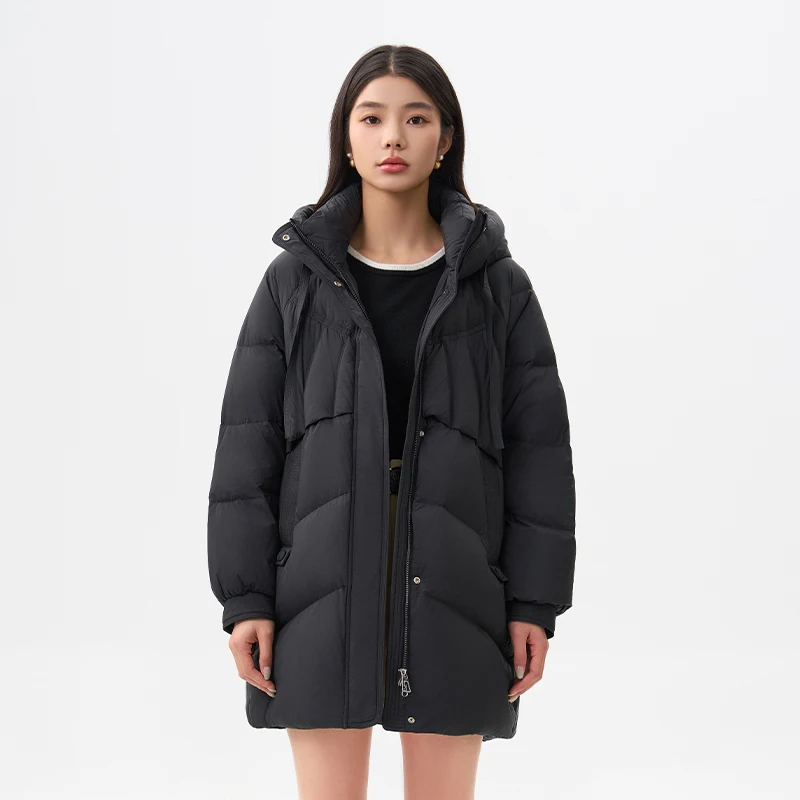 Chericom Women's Mid-Length Down Jacket 2025 Winter 3D Contoured Slim Fit Hooded Thermal Solid Color Windproof Coat Y309157Y