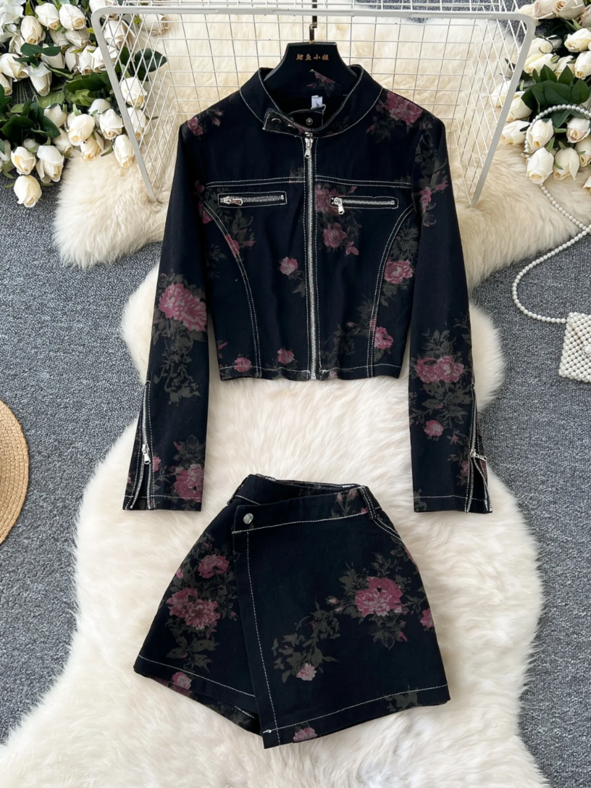 

Retro Floral Print Two-Piece Set Women's Slimming Long Sleeve Jacket Denim Coat Wide Leg Skirt Pants Versatile Fashionable